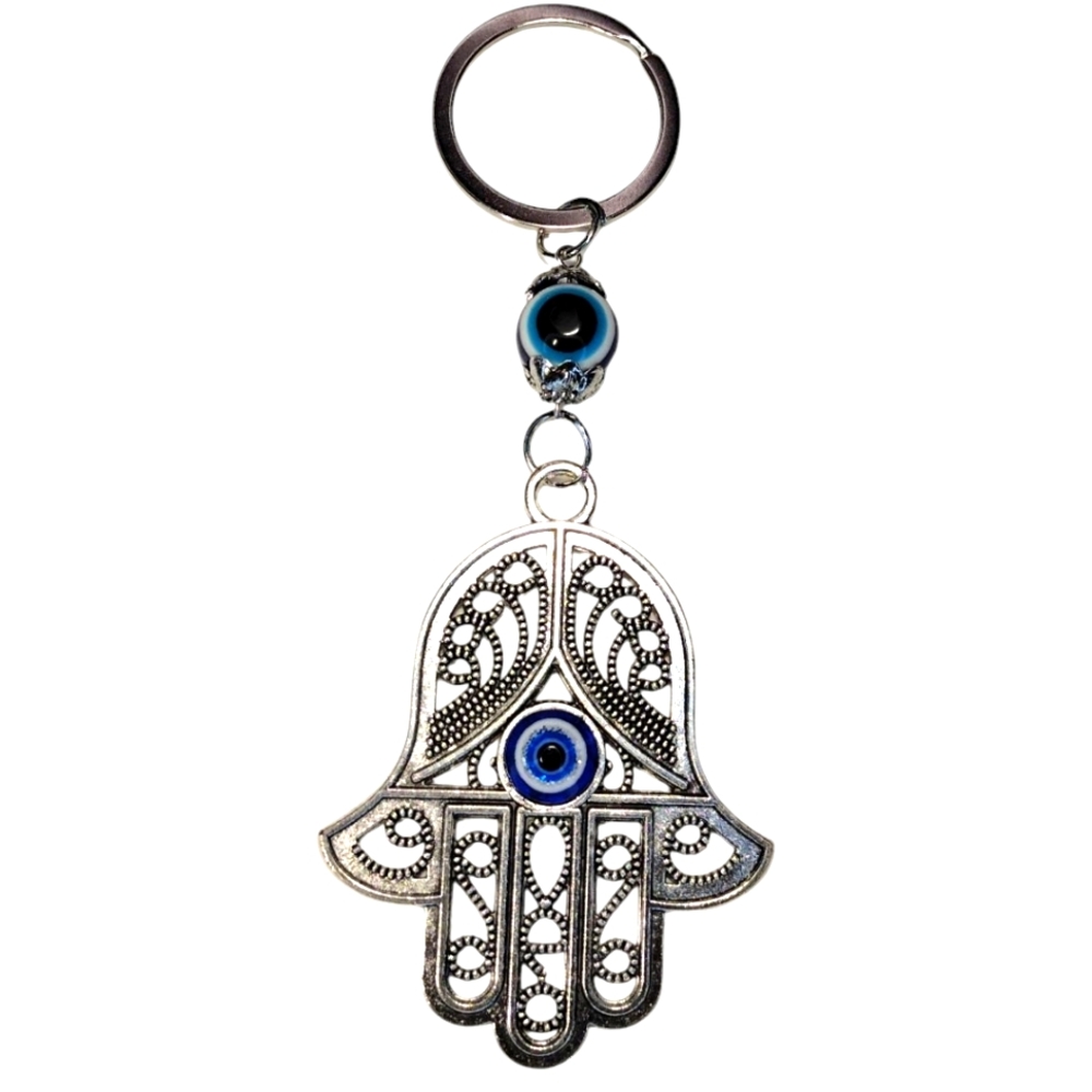 Hand If Fatima/ Hamsa Silver Keychain with Blue Eye Charm